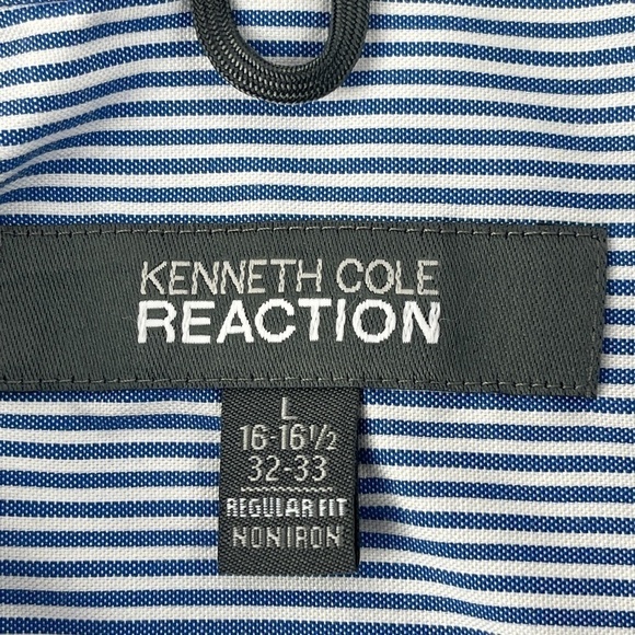Kenneth Cole Reaction Button Down Shirt Mens Large 16-16.5 32/33 Blue Striped - Picture 2 of 8